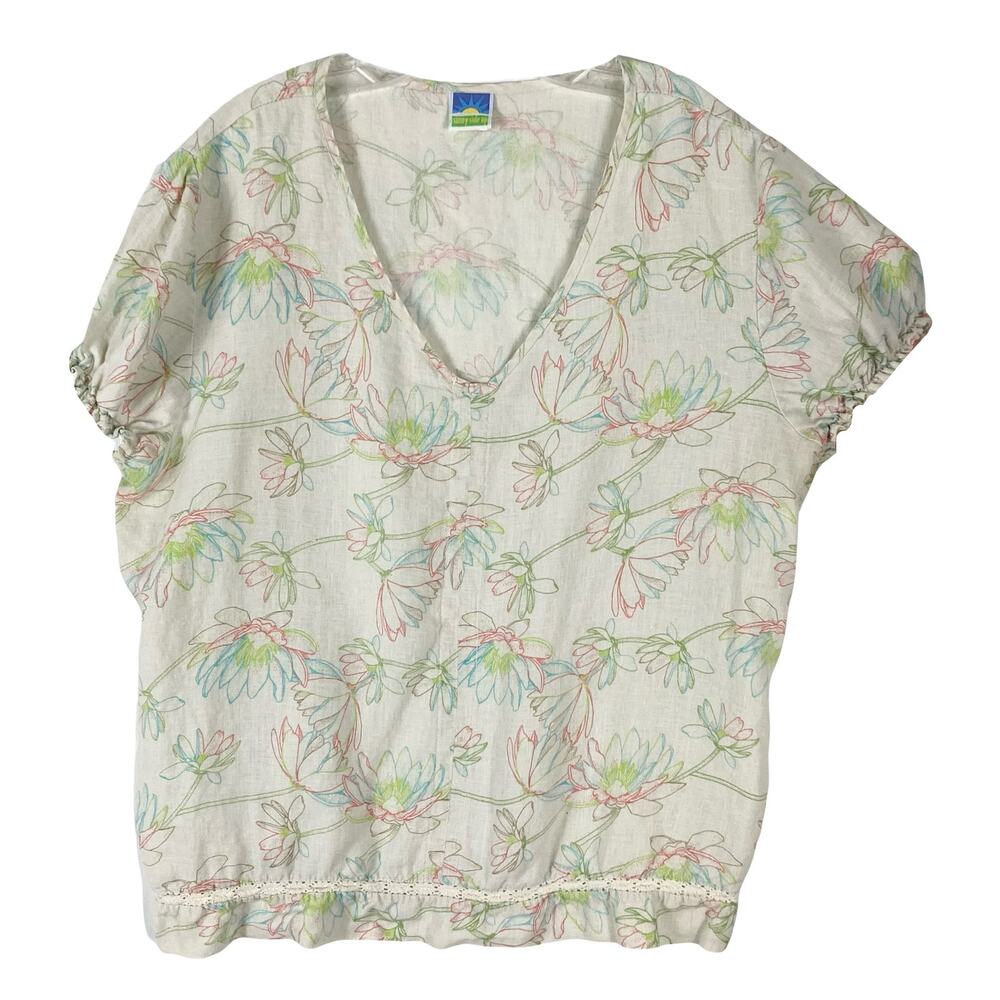 NWOT SUNNY SIDE UP Blouse XL Multi USA Linen Floral-Print Cap-Sleev Crochet Trim